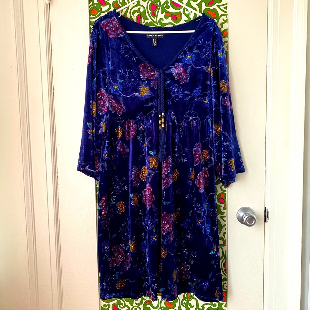 Dreamy blue velour hippie peasant babydoll dress, size 18.